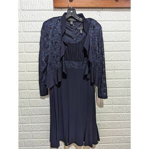 R & M Richards Women's Navy Blue 2-Piece Dresses & Lace Jacket Beaded Trim Size